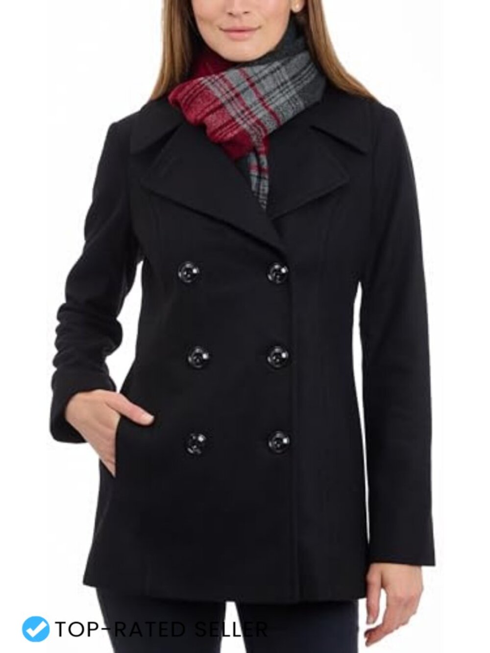 Wool Blend Double Breasted Peacoat with Scarf Button Closure